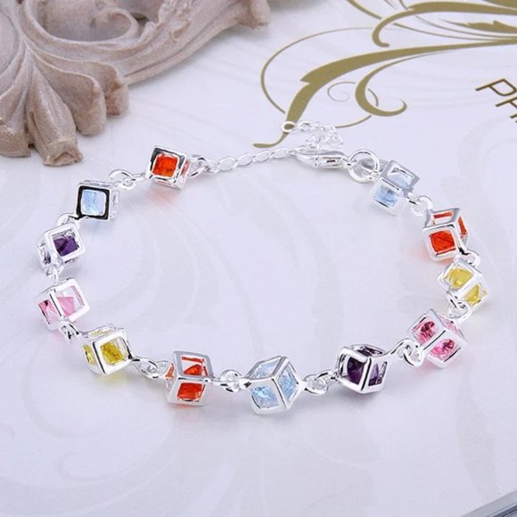 Beautiful Multi - Colored Box Style Ladies Bracelet .925 Solid Sterling Silver - Picture 3 of 5
